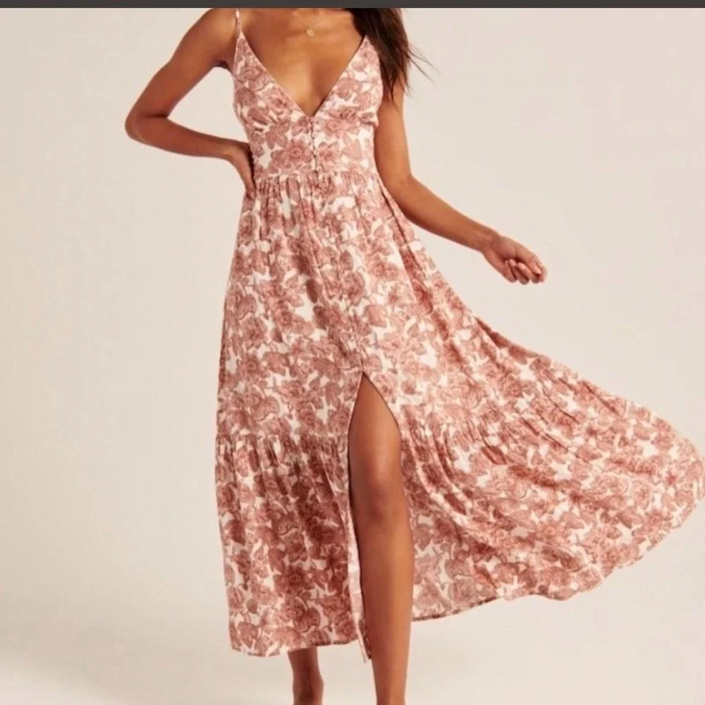 Abercrombie & Fitch Boho Linen Blend Floral V-Neck Maxi Dress Large Cottagecore